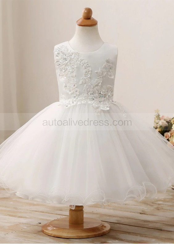 Beaded Ivory Lace Tulle Curly Hem Flower Girl Dress